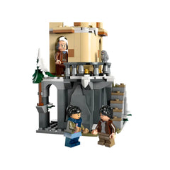 LEGO Harry Potter Hogwarts Castle Owlery construction set featuring two minifigures conversing, with an owl perched above and a detailed tower structure.