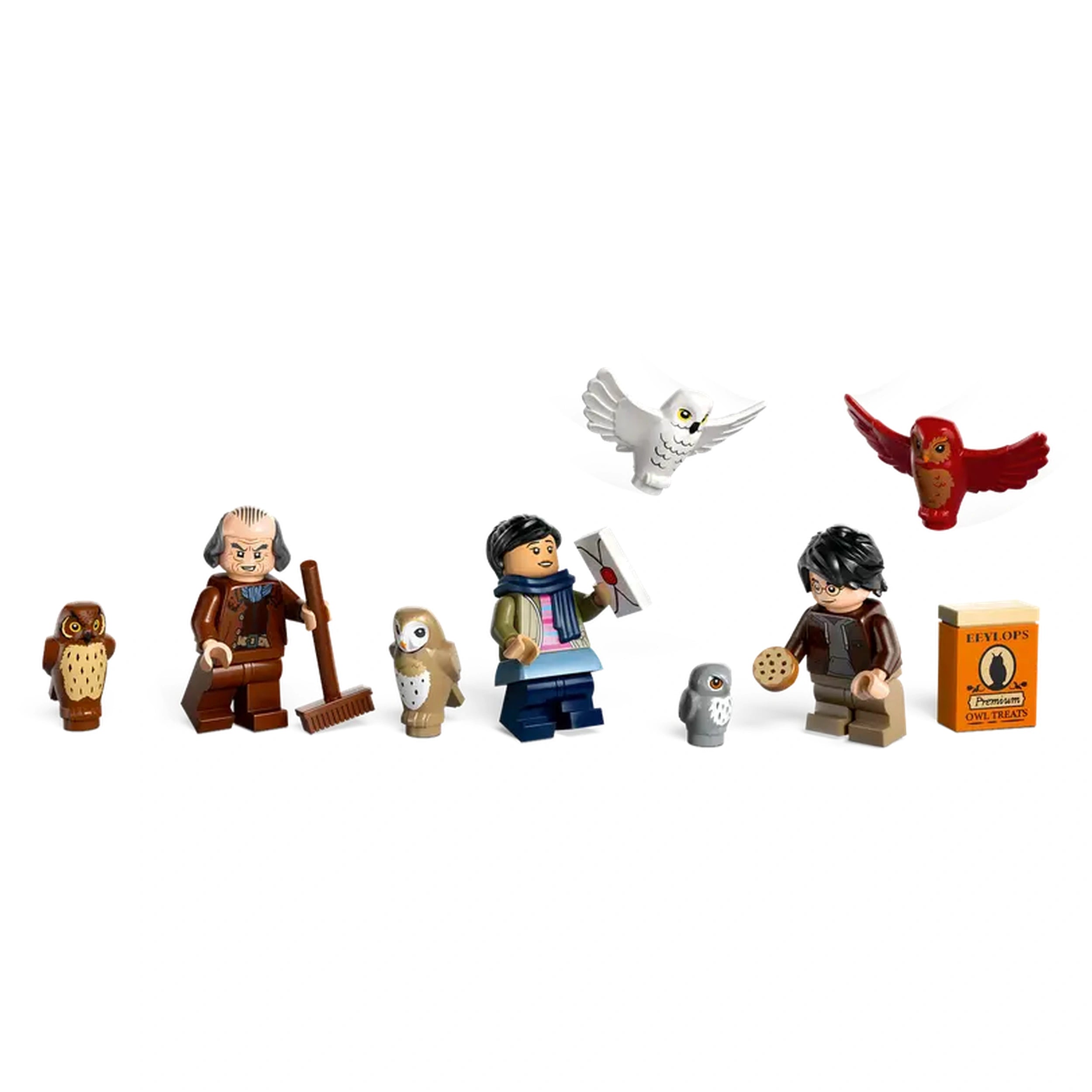 LEGO Harry Potter characters gather in the Owlery, featuring owls and accessories: a wizard with a broom, a girl holding a letter, and Harry with a cookie.