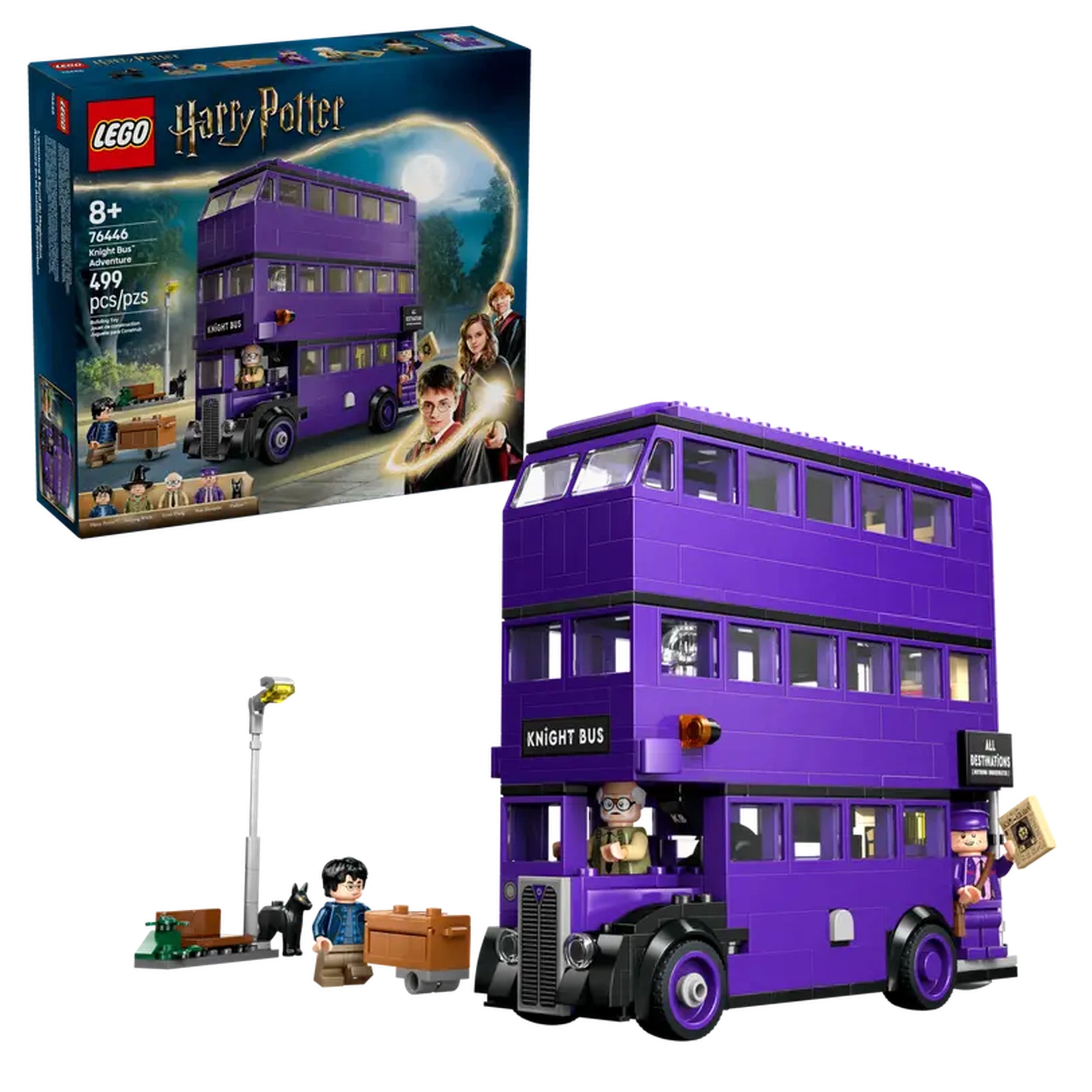 Purple LEGO® Knight Bus™ model with two levels, detailed exterior, and doors open. Features characters, luggage, and streetlight.