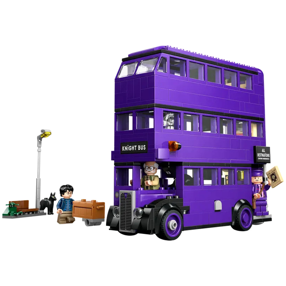 LEGO Harry Potter Knight Bus Adventure set featuring a detailed purple triple-decker bus with removable top, two characters, and street elements.
