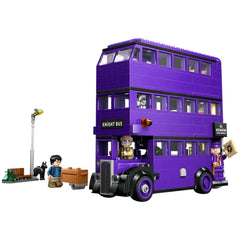 LEGO Harry Potter Knight Bus Adventure set featuring a detailed purple triple-decker bus with removable top, two characters, and street elements.
