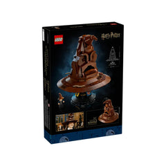 LEGO Harry Potter Talking Sorting Hat construction set featuring a detailed brown hat on a display stand, with sound feature indications.