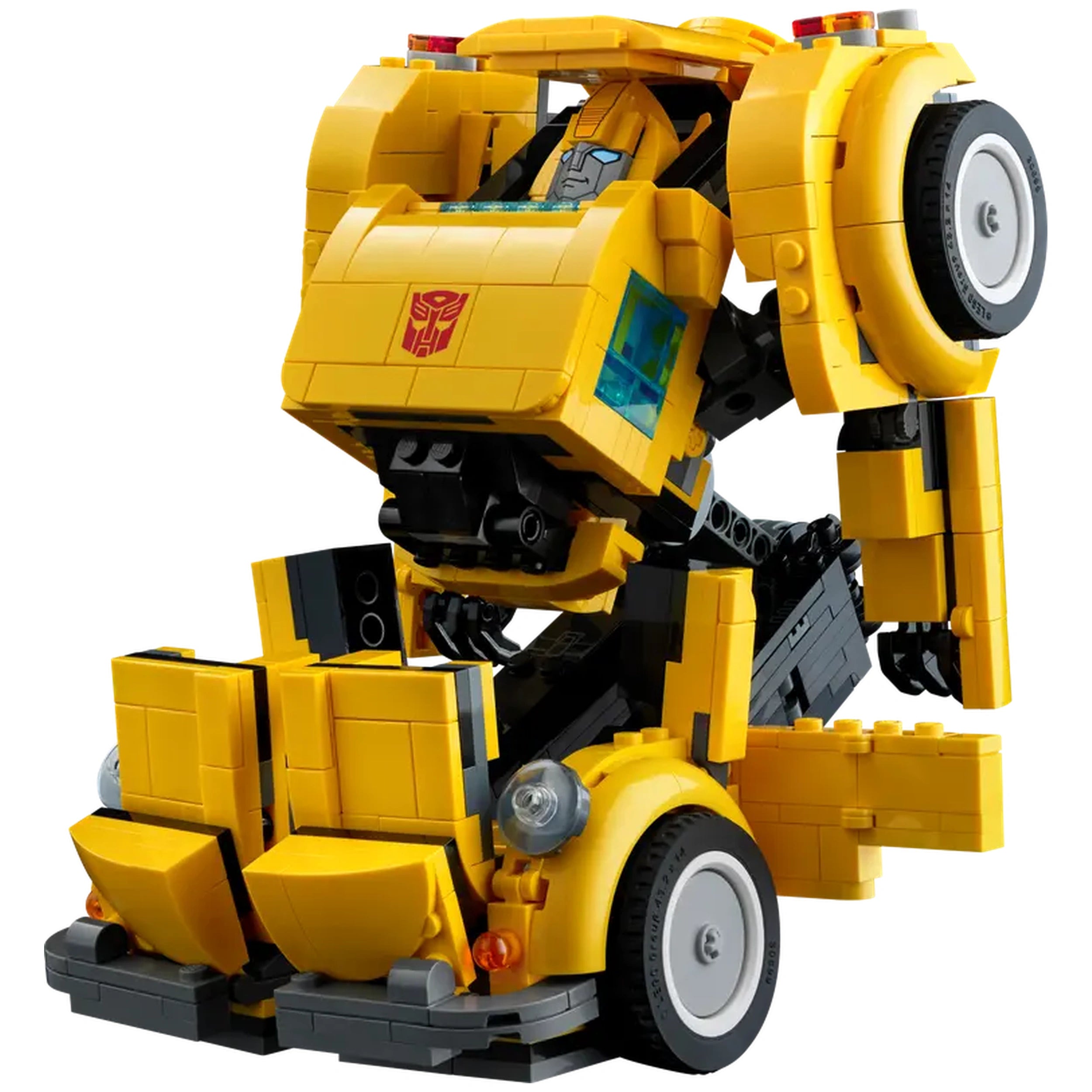 Bumblebee LEGO construction set in robot form, featuring vibrant yellow and black colors, articulated joints, and detailed face.