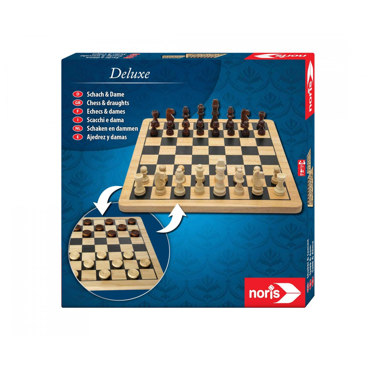 Noris - Deluxe Holz - Schach & Dame - Brettspiele - Internationale Ausgabe - Brettspiele