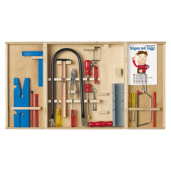 Wooden cabinet with fretsaw, hammer, pliers, and red-handled tools neatly organized, ideal for young woodworking hobbyists.