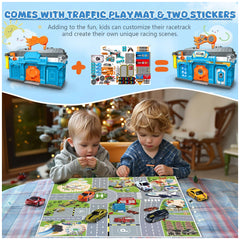 RS Toys - Pista Pit Stop Garage Portable 2 en 1 et Piste de Lancement - Véhicules de Jeu