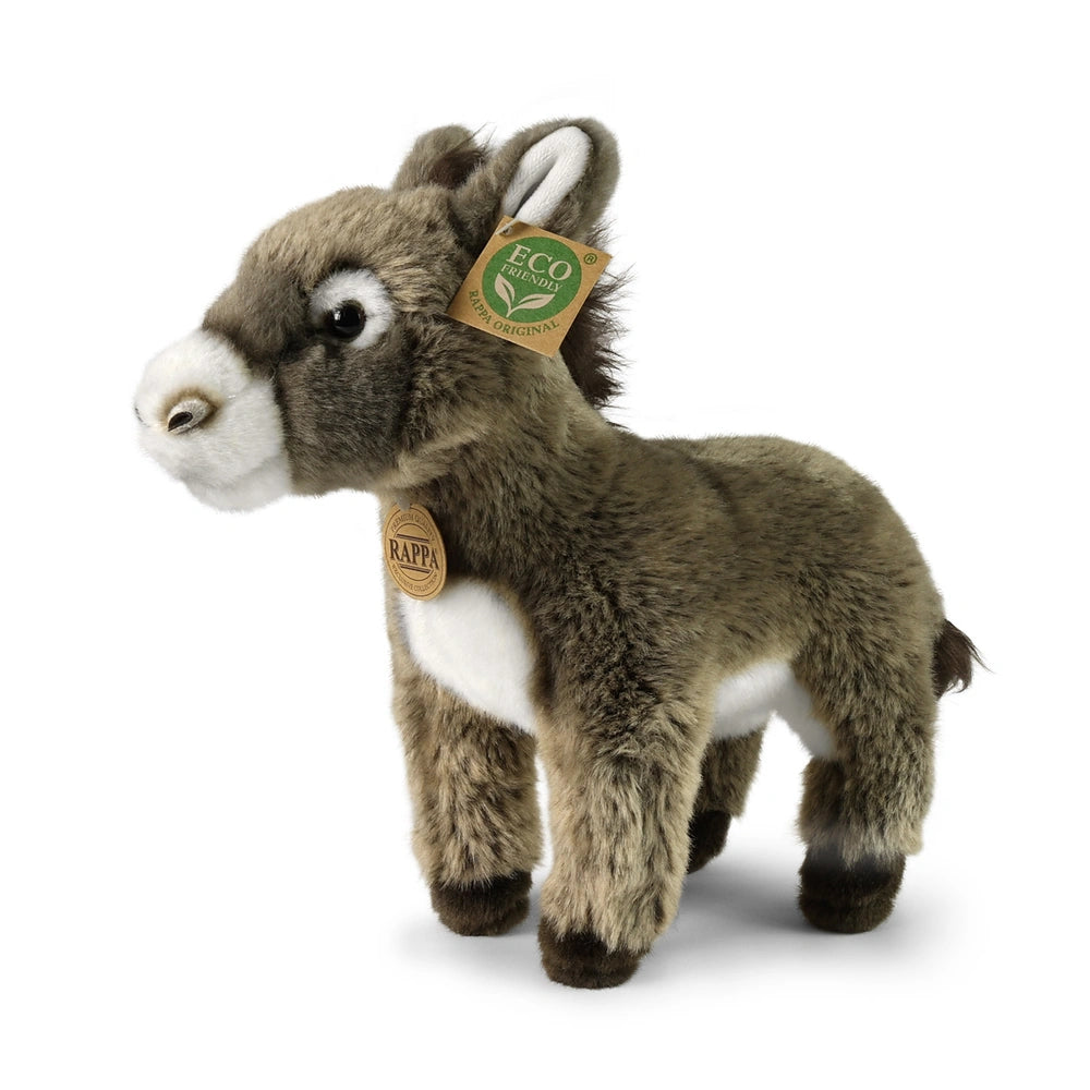 Eco-friendly plush donkey stuffed animal in brown with a beige belly, featuring a white face patch and tag on its ear.