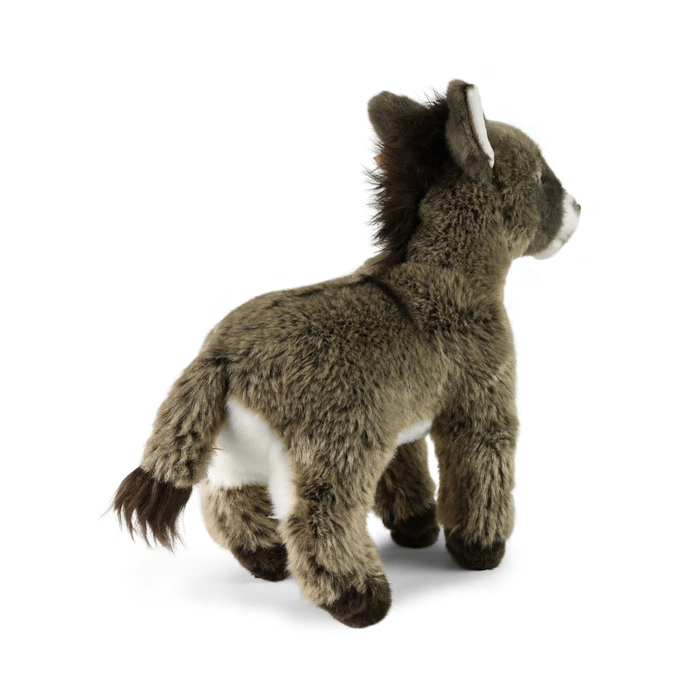 Eco-friendly plush donkey toy in gray and brown, featuring soft textures and a cute, upright pose on a light background.