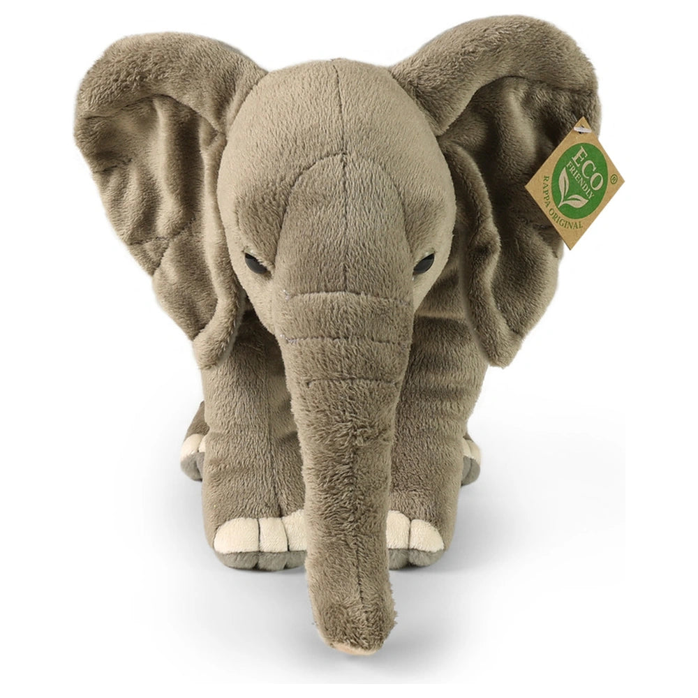 Plush elephant toy in muted gray with floppy ears and a curved trunk, featuring an "ECO FRIENDS ORIGINAL" tag.