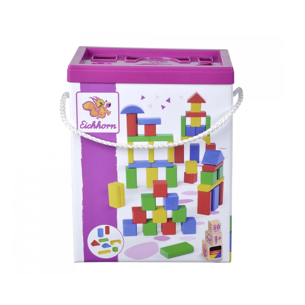 Simba - Sorting & Stacking Toys - Eichhorn Coloured Wooden Blocks Set - 50 Pieces - 12 Months+ - Creative Play