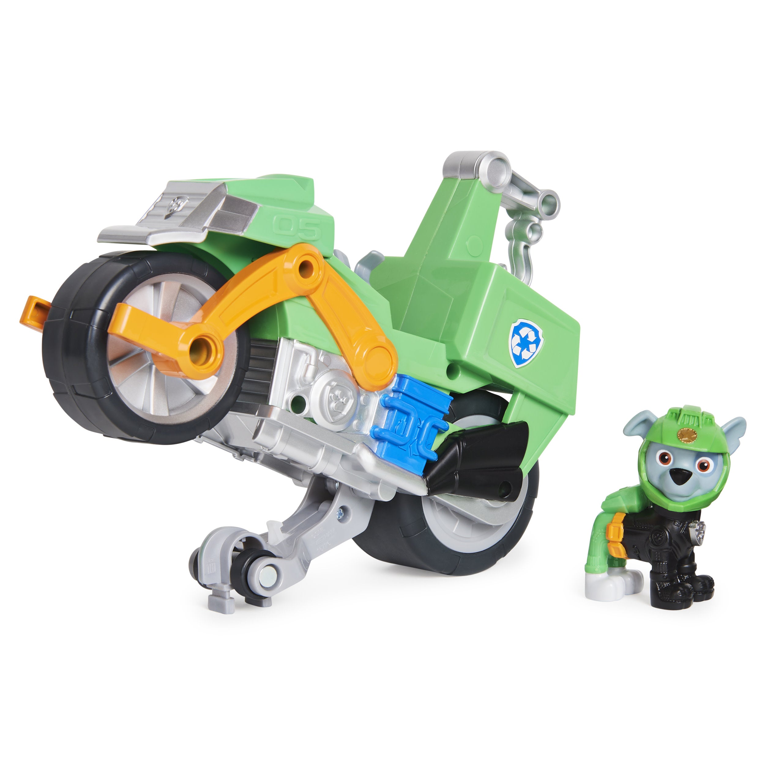 Spin Master - PAW Patrol , Moto Pups Rocky’s Deluxe Pull Back Motorcycle Vehicle with Wheelie Feature and Figure