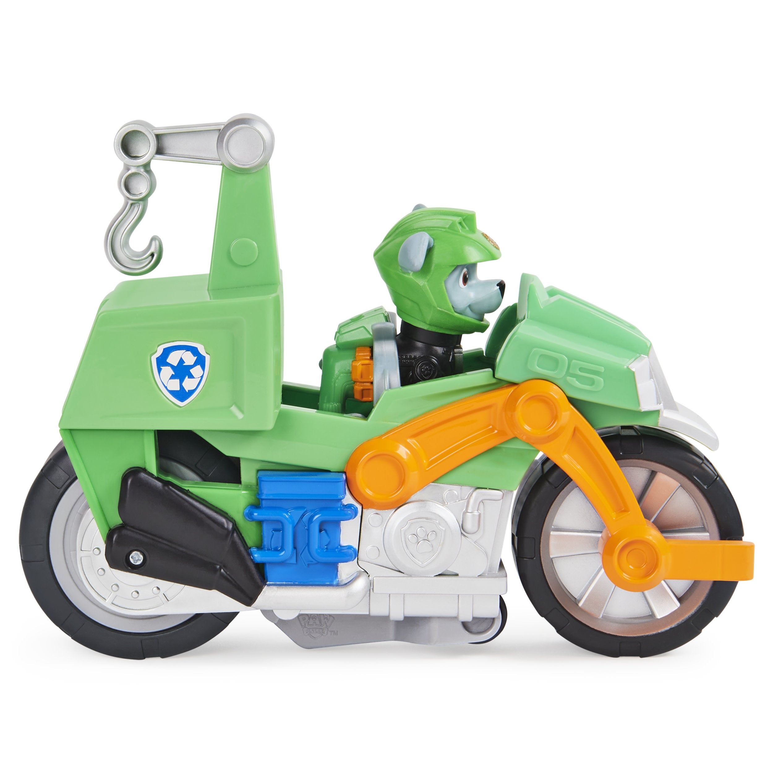 Spin Master - PAW Patrol , Moto Pups Rocky’s Deluxe Pull Back Motorcycle Vehicle with Wheelie Feature and Figure