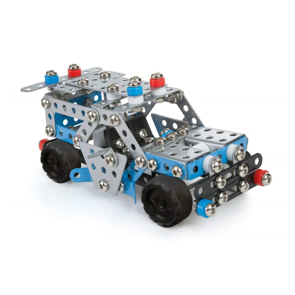 Metal and blue plastic police car model from Alexander Constructor set, with black wheels and colorful bolts.