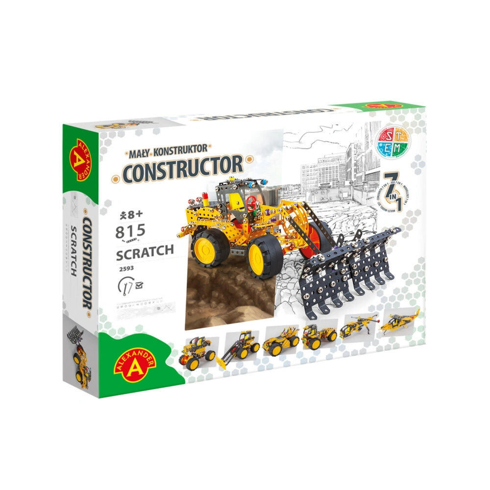 Alexander Constructor Pro set box with illustrated yellow construction vehicle, 815 pieces for ages 8+.