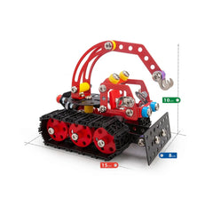 Red and black snow cat construction toy with metal plates, wheels, tracks, and movable arm, measuring 15cm long, inspiring creativity.
