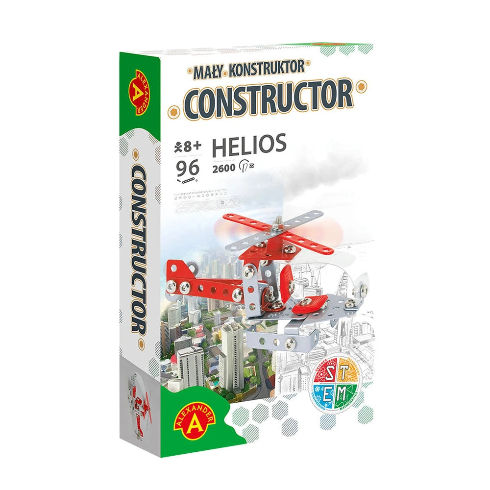 Alexander - Maly Constructor Helios Metal Helicopter Set shown with metal plates, screws, and colorful model on box.
