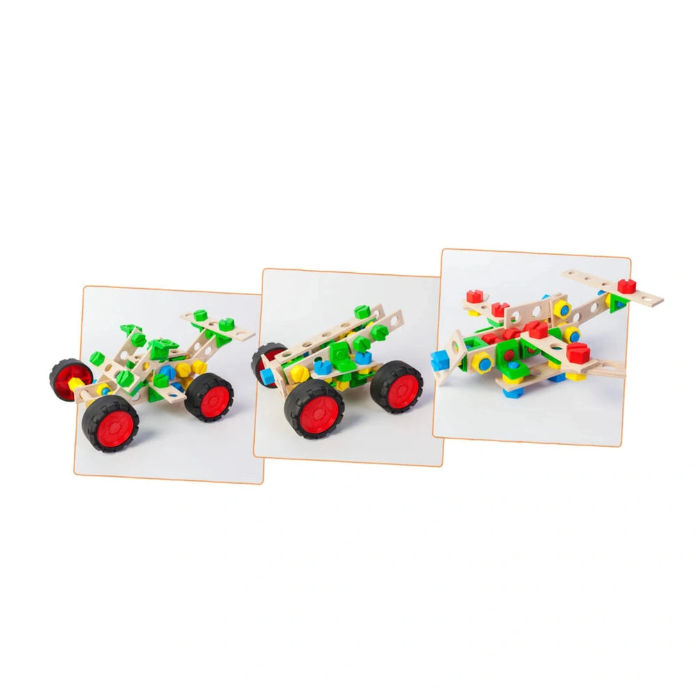 Colorful wooden buggy construction set with red wheels and vibrant screws, showcasing three assembled vehicle models.