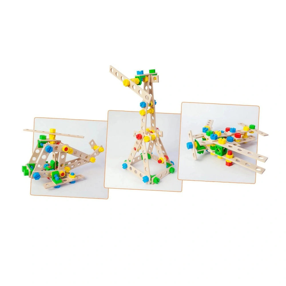Helicopter, crane, and plane models built from colorful wooden construction set pieces with screws and nuts.