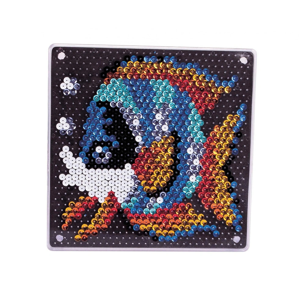 Ammirate sequin fish art activity features a vibrant, textured design made of colorful beads arranged to resemble a fish.