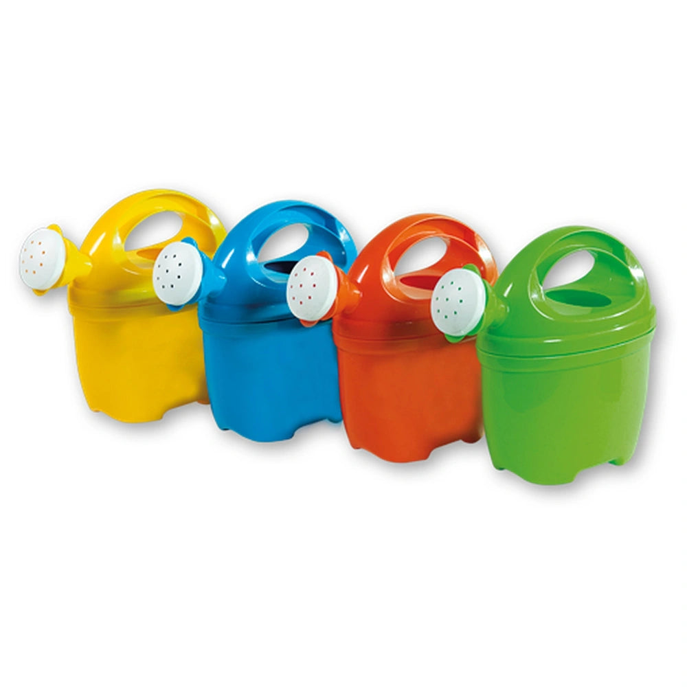 Yellow, blue, orange, and green 17 cm watering cans by Androni, aligned in a row.