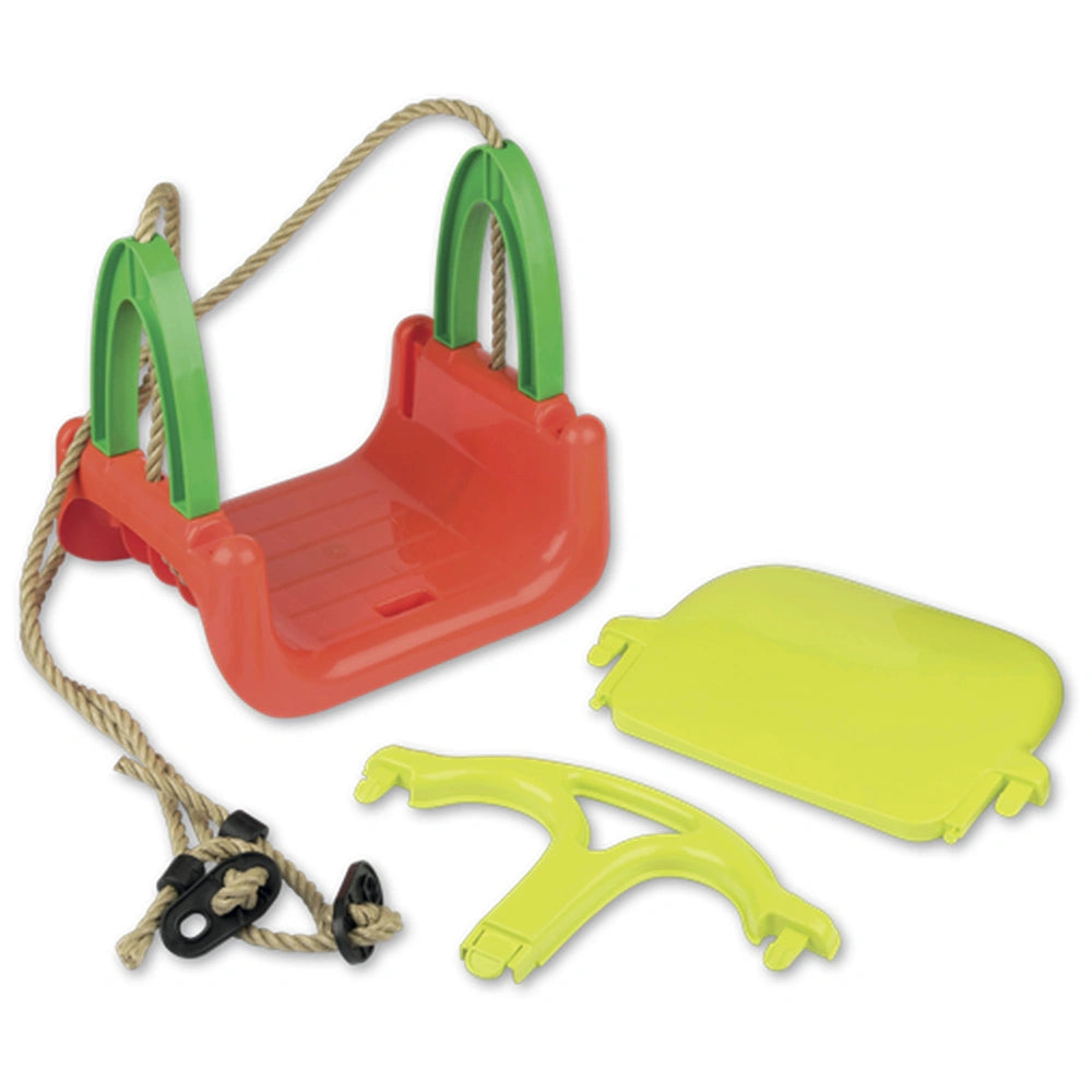 Red and green 3-in-1 swing seat with yellow backrest and safety frame. Tan rope with black connectors.