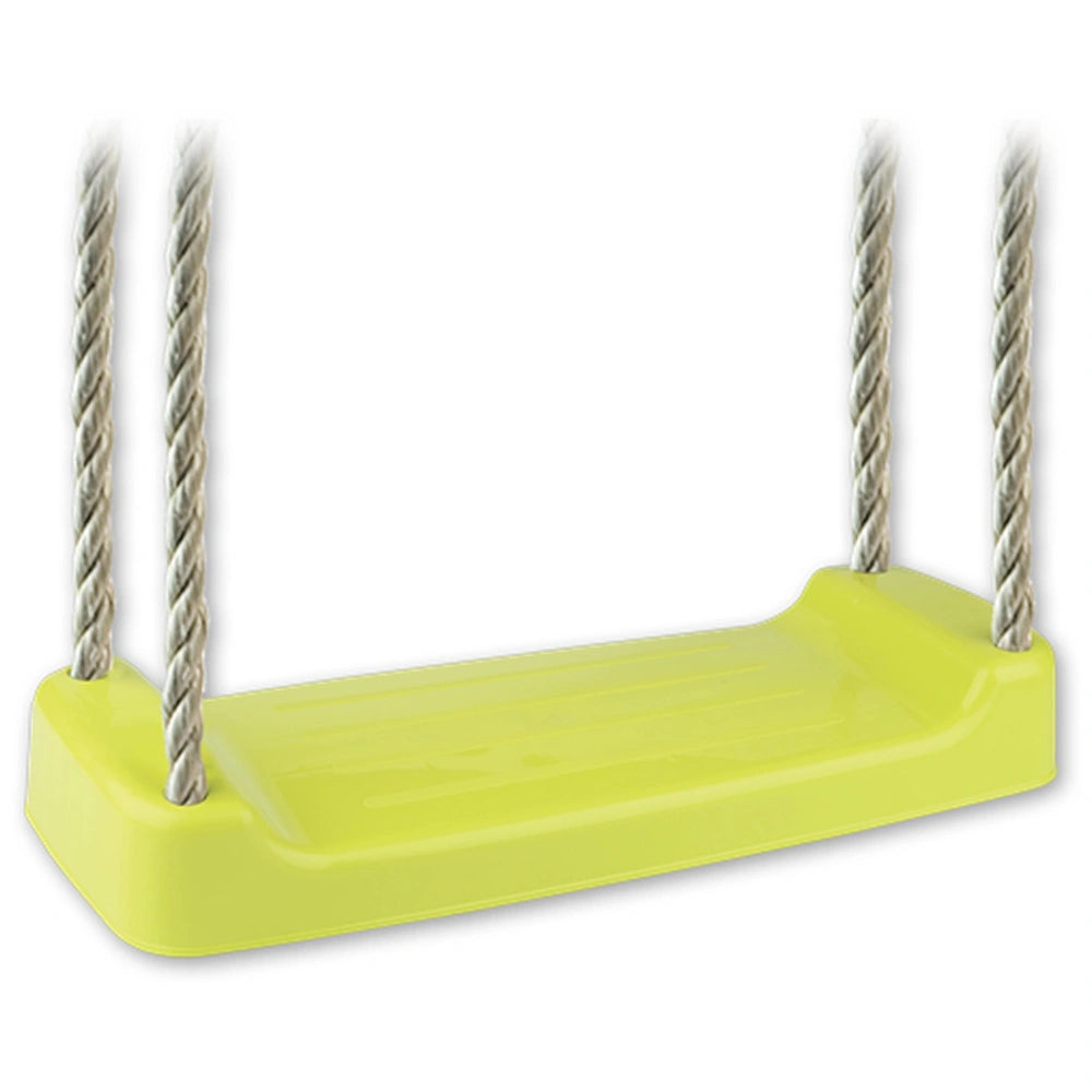 Bright green swing seat with four sturdy ropes, designed for outdoor play.