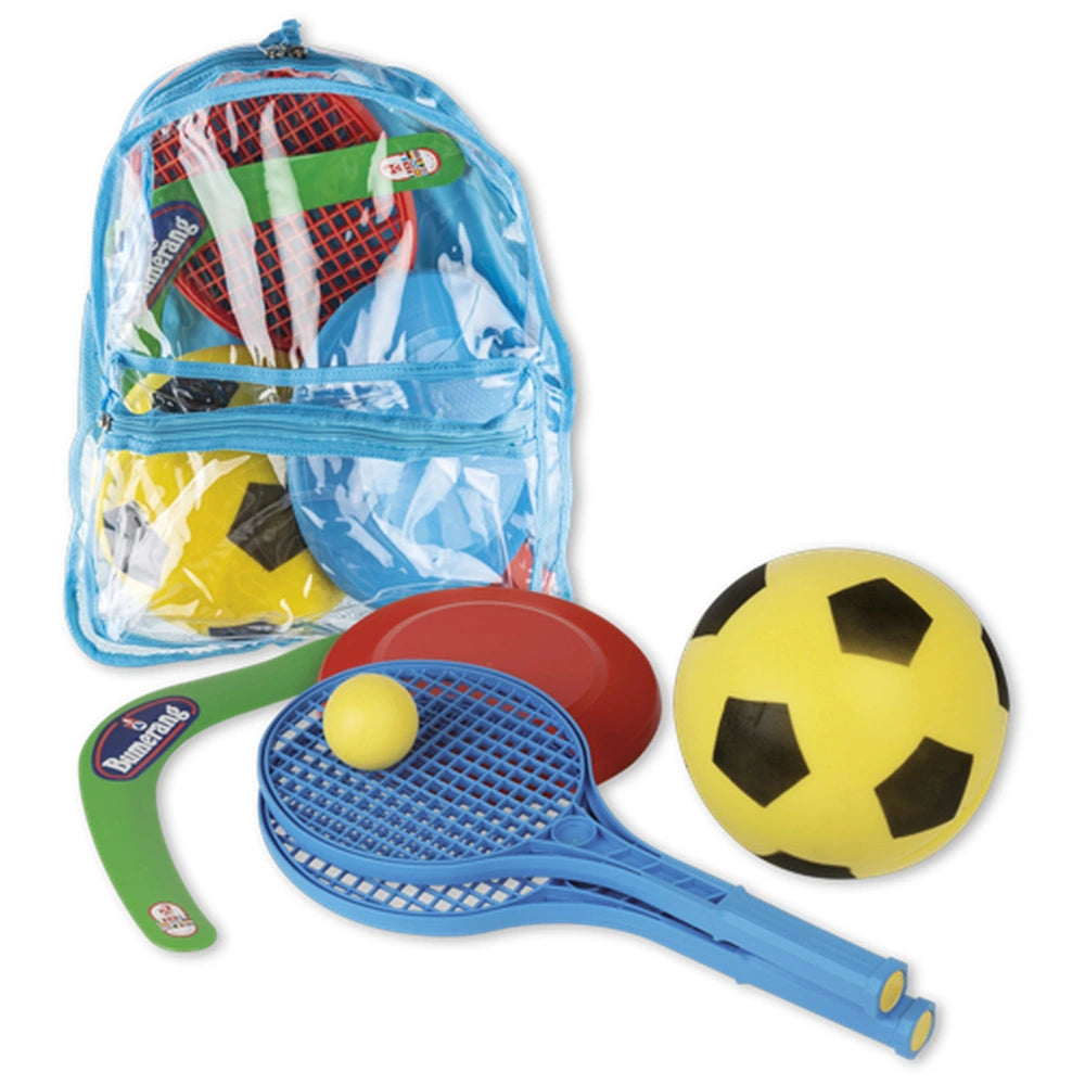 Clear backpack with colorful beach toys including rackets, a frisbee, boomerang, sponge ball, and bocce balls.