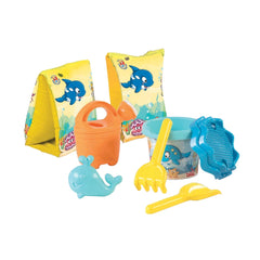 Colorful Androni beach set with yellow arm bands, blue bucket, orange watering can, whale mold, yellow rake and shovel.