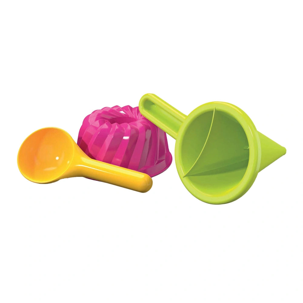 Yellow spatula, green funnel, and pink cake sand mold for children from Androni set on white background.