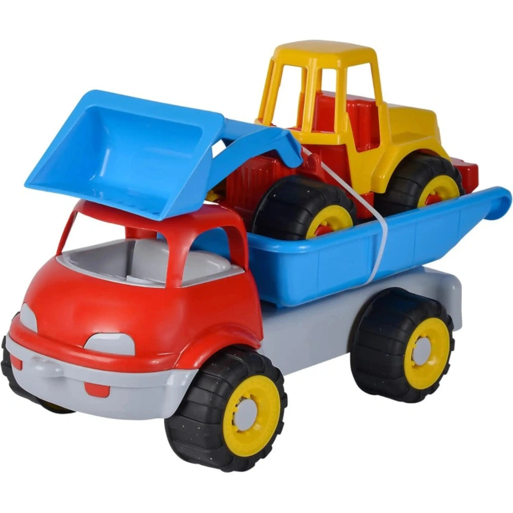 Red and blue toy truck with a yellow bulldozer on top, vibrant colors, durable plastic, designed for imaginative play.