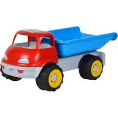 Red and blue toy earthmoving truck with yellow wheels and an open cargo bed.