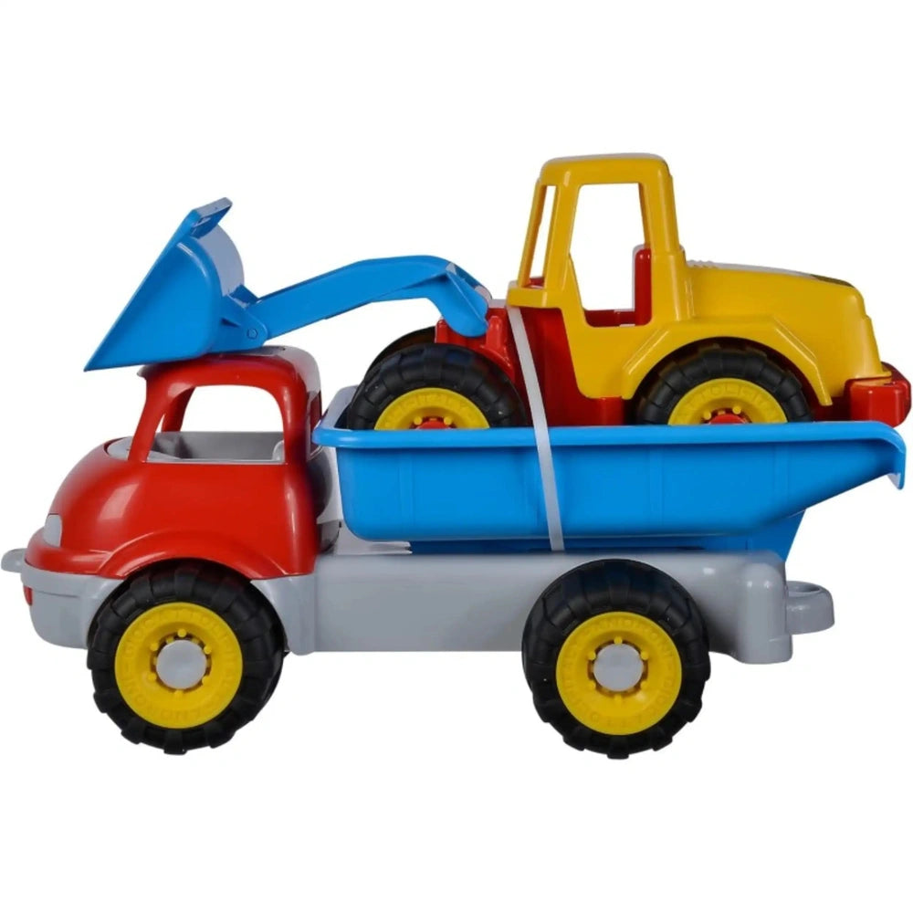 Red and gray toy truck with blue bucket carrying a yellow bulldozer. Durable plastic design, ideal for imaginative play.