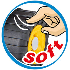 Soft rubber wheel of Androni Happy Bulldozer with a hand pressing it, showcasing flexibility and safety.