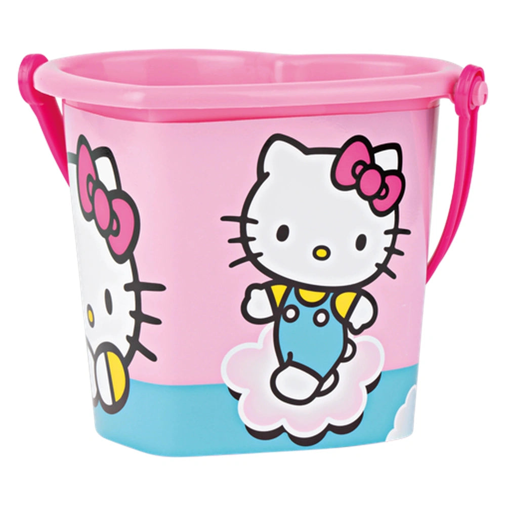 Hello Kitty heart-shaped pink beach bucket with rainbow theme and sturdy handle.