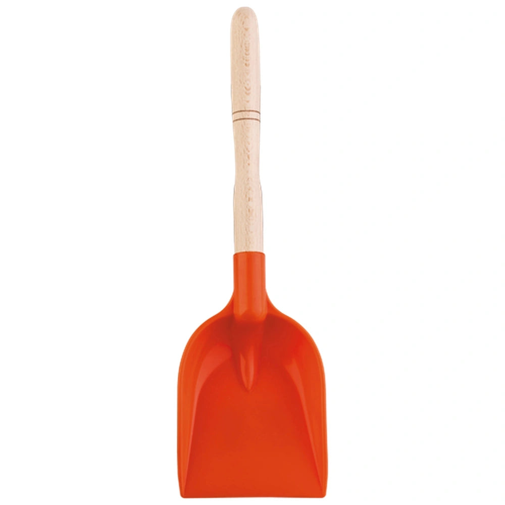 Orange plastic shovel with a sturdy wooden handle, 36 cm long, designed for beach and sand play.