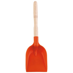Orange plastic shovel with a sturdy wooden handle, 36 cm long, designed for beach and sand play.