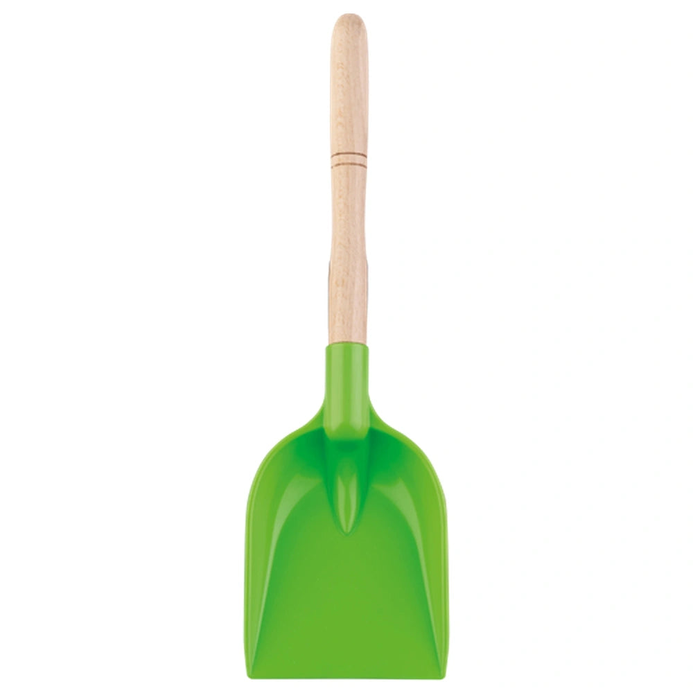 Green plastic shovel with wooden handle, 36 cm long, by Androni, ideal for beach play.