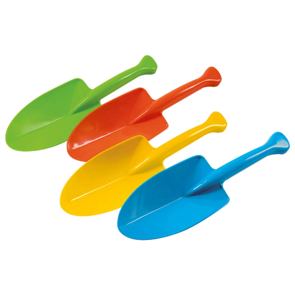 Colorful Androni oval beach shovels in green, orange, yellow, and blue arranged diagonally.