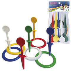 Colorful ring toss game with red, green, blue, yellow, and white scoring pegs and rings, ideal for outdoor play.
