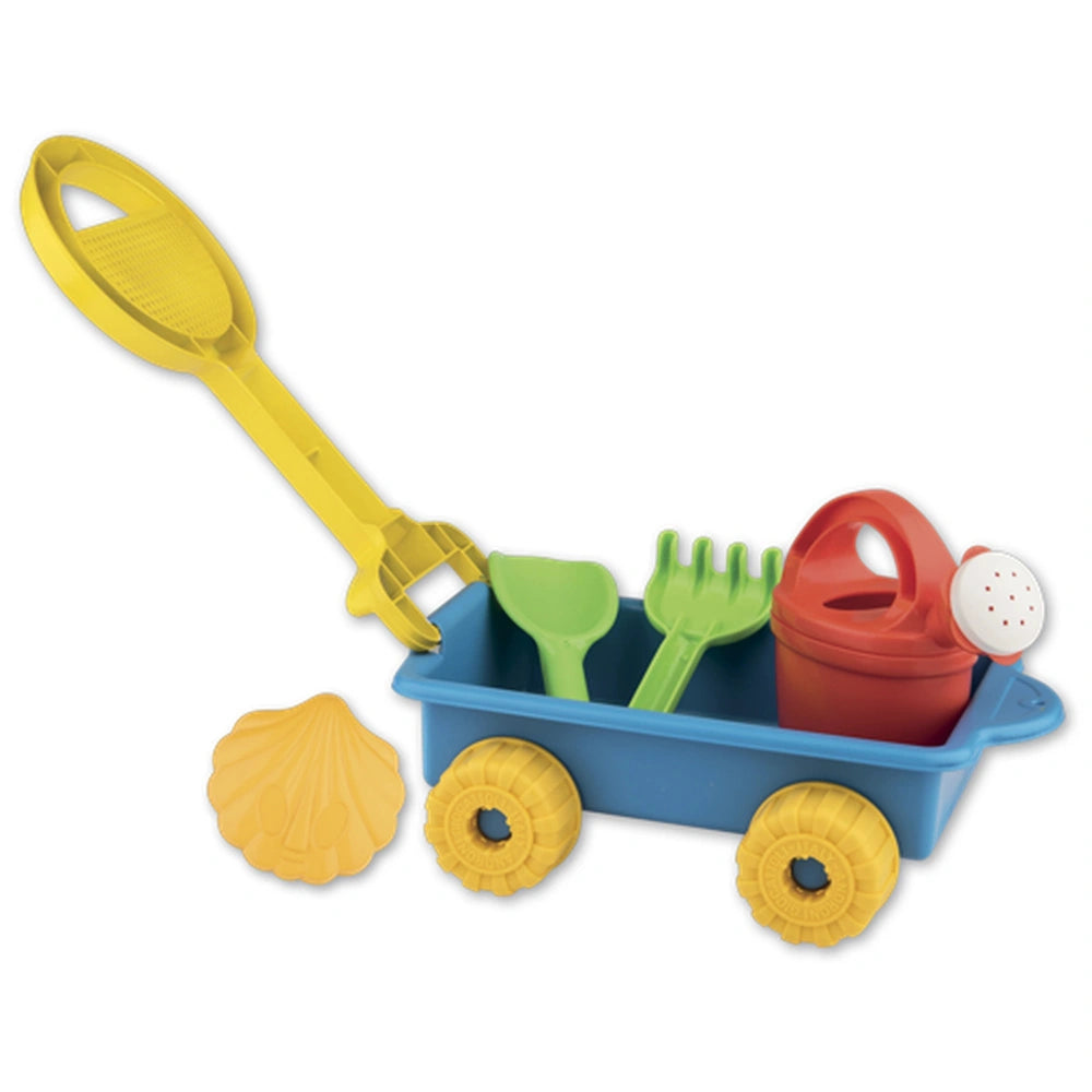 Blue trolley with yellow wheels, containing a red watering can, green shovel and rake, and a yellow seashell mold.