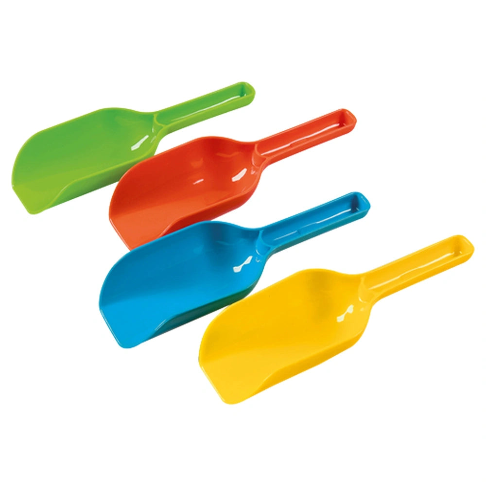 Colorful Androni sand shovels in green, orange, blue, and yellow, designed for kids' beach play.