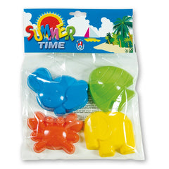 Four colorful Androni animal sand molds in packaging: blue hippo, green fish, red crab, yellow elephant.