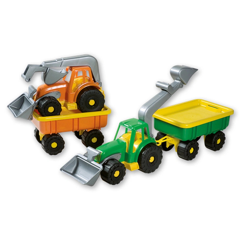 Green and orange toy tractors with digger arms; one has a yellow trailer with a sand sieve.