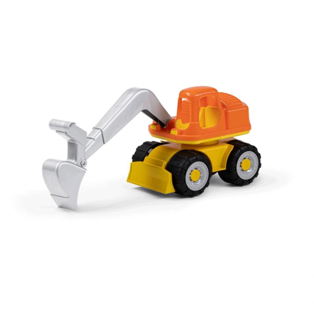 Orange and yellow toy excavator with a silver arm, part of Androni Trucks collection.
