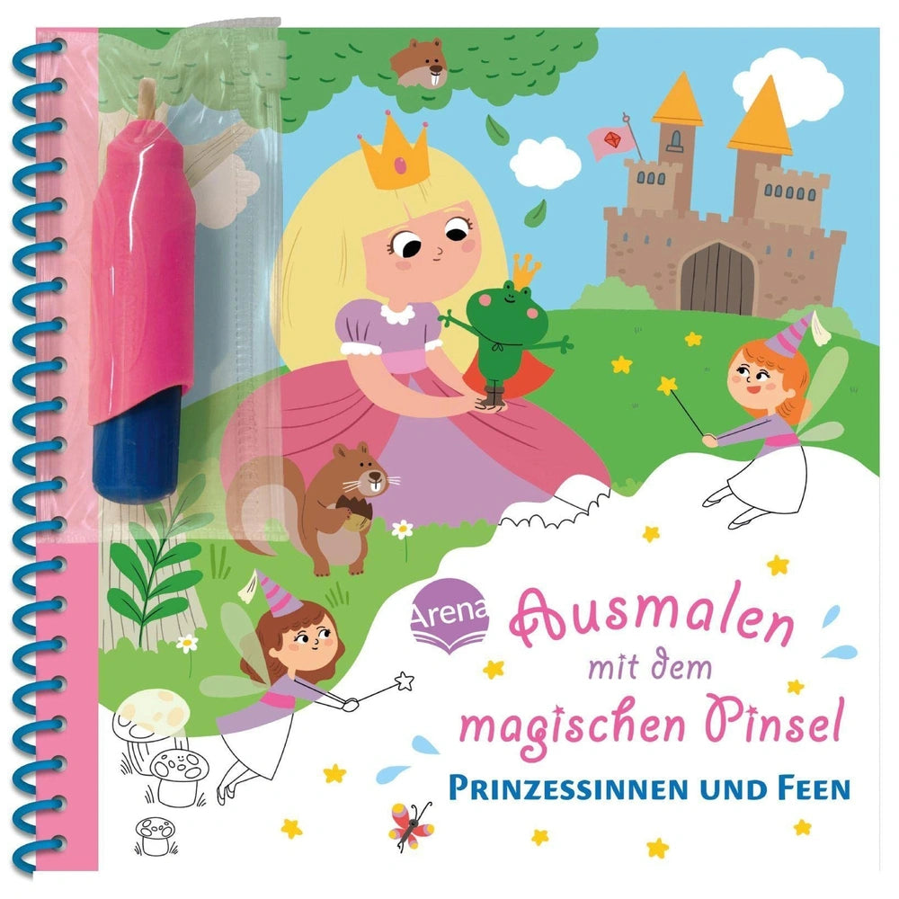ARENA Ausmalen-mit-dem-magischen-Pinsel book cover features a princess, a frog, and a vibrant fairy tale background inviting 