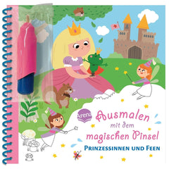 ARENA Ausmalen-mit-dem-magischen-Pinsel book cover features a princess, a frog, and a vibrant fairy tale background inviting 