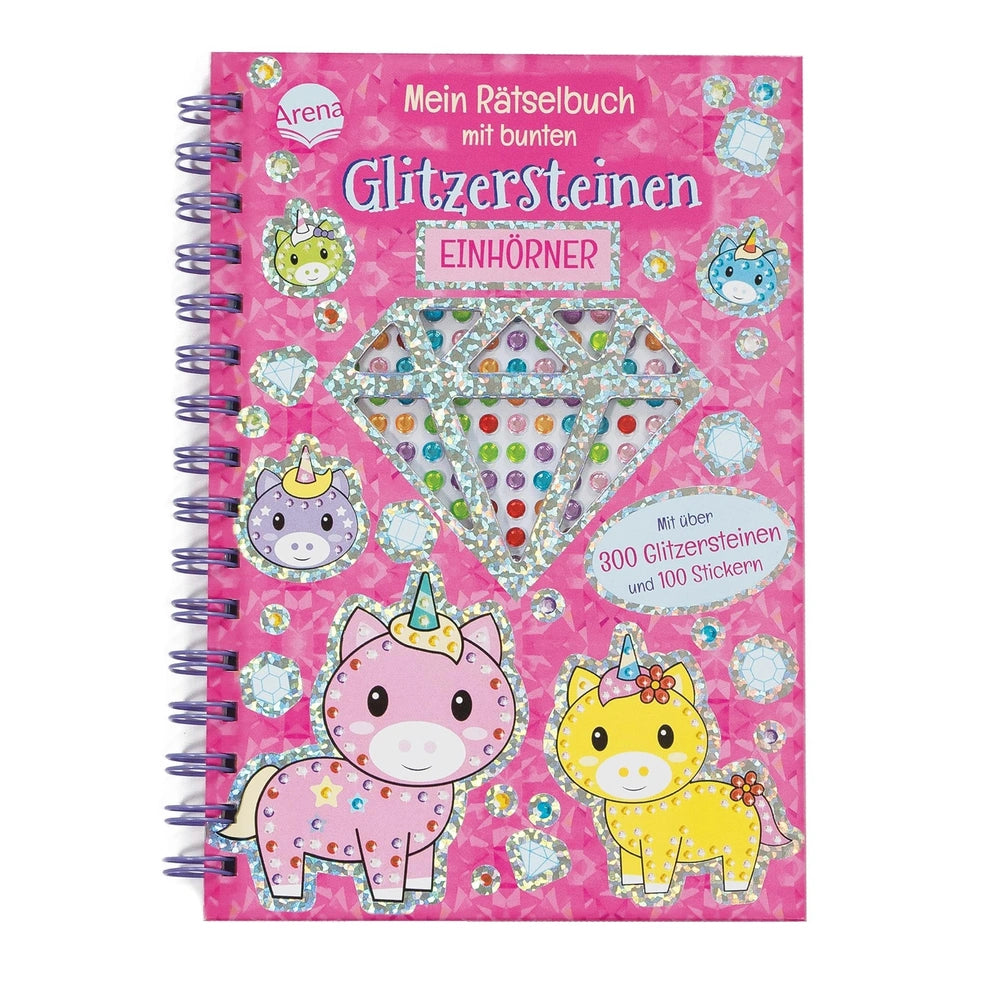 ARENA Glittering Puzzle Book features a pink cover with a diamond illustration, 300 glitter stones, and 100 colorful stickers