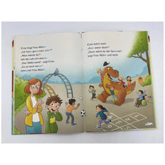 ARENA Learning to Read - German Edition features kids playing with a smiling dinosaur in a vibrant outdoor setting.