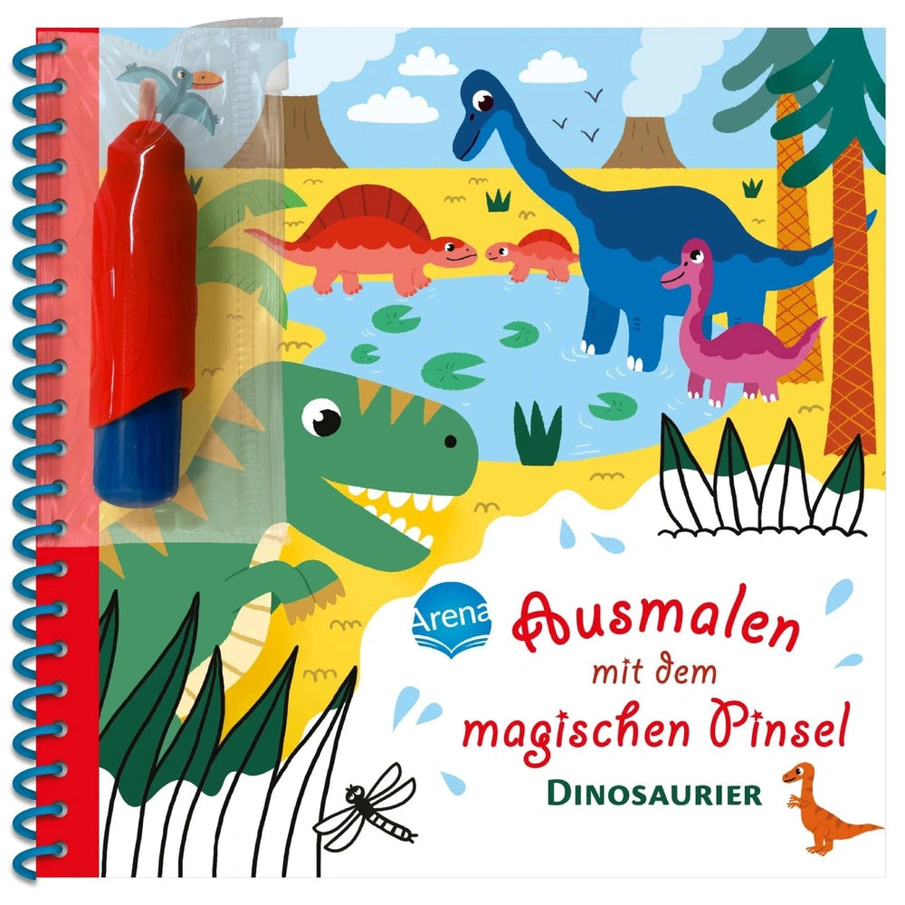 ARENA - Magic Painting Brush Dinosaur Themed book features vibrant dinosaur illustrations in a playful prehistoric landscape.
