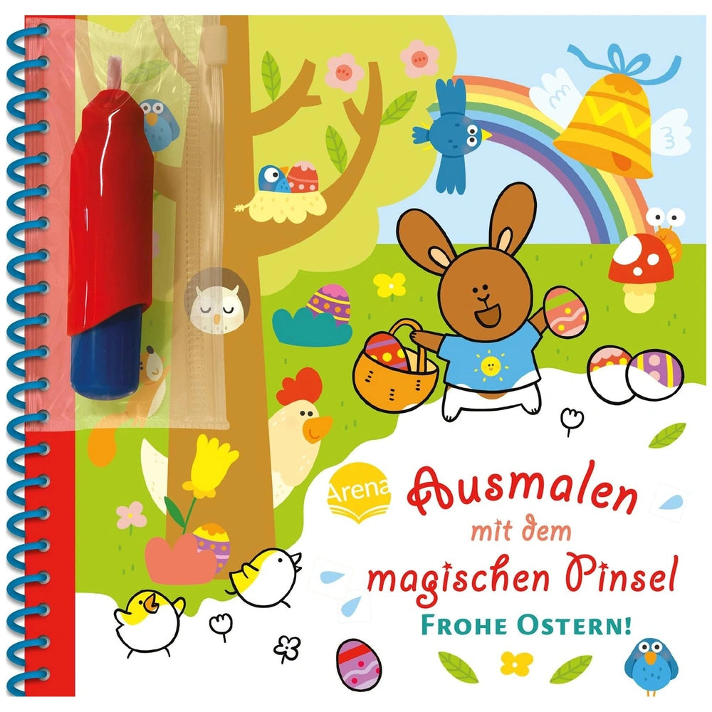 ARENA Magical-Painting-Book cover featuring a smiling rabbit, colorful elements, and a red pen for creative coloring activiti